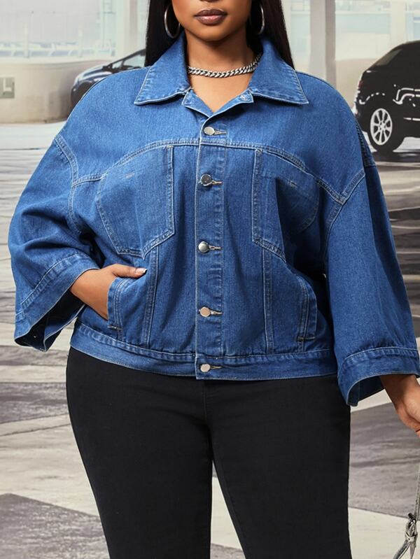Slaydiva Plus Size Women's Outdoor Commute Fashion Versatile Loose Fit Special Large Armhole Multi-Pocket Blue Denim Jacket