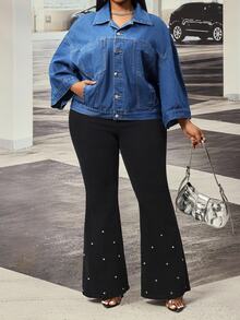 Slaydiva Jaket Denim Biru Wanita Ukuran Plus, Modis untuk Aktivitas Luar Ruangan dan Komuter, Potongan Longgar Serbaguna, Lubang Lengan Lebar, dan Banyak Saku. - Dark Wash - View 2
