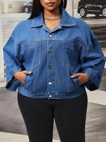 Slaydiva Jaket Denim Biru Wanita Ukuran Plus, Modis untuk Aktivitas Luar Ruangan dan Komuter, Potongan Longgar Serbaguna, Lubang Lengan Lebar, dan Banyak Saku. - Dark Wash - View 5