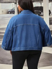 Slaydiva Jaket Denim Biru Wanita Ukuran Plus, Modis untuk Aktivitas Luar Ruangan dan Komuter, Potongan Longgar Serbaguna, Lubang Lengan Lebar, dan Banyak Saku. - Dark Wash - View 3