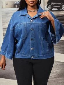 Slaydiva Jaket Denim Biru Wanita Ukuran Plus, Modis untuk Aktivitas Luar Ruangan dan Komuter, Potongan Longgar Serbaguna, Lubang Lengan Lebar, dan Banyak Saku. - Dark Wash - View 4