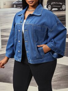 Slaydiva Jaket Denim Biru Wanita Ukuran Plus, Modis untuk Aktivitas Luar Ruangan dan Komuter, Potongan Longgar Serbaguna, Lubang Lengan Lebar, dan Banyak Saku. - Dark Wash - View 6