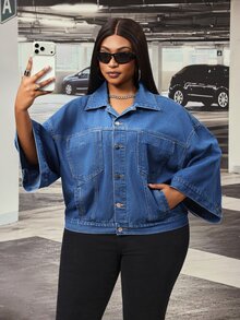 Slaydiva Jaket Denim Biru Wanita Ukuran Plus, Modis untuk Aktivitas Luar Ruangan dan Komuter, Potongan Longgar Serbaguna, Lubang Lengan Lebar, dan Banyak Saku. - Dark Wash - View 8
