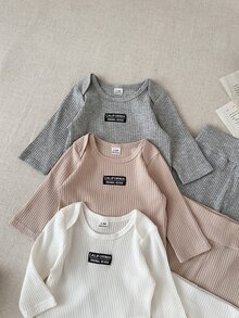 SHEIN 新生兒春秋長袖時尚簡約休閒連身衣搭配百搭休閒褲多件套裝，適合外出、露營、野餐、旅行、日常休閒、購物、公園散步 - 彩色 - 查看 4