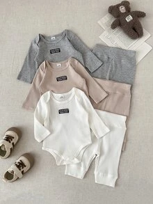 SHEIN 新生兒春秋長袖時尚簡約休閒連身衣搭配百搭休閒褲多件套裝，適合外出、露營、野餐、旅行、日常休閒、購物、公園散步 - 彩色 - 查看 9