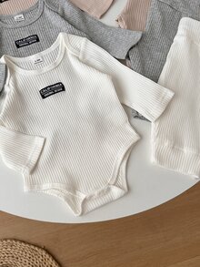 SHEIN 新生兒春秋長袖時尚簡約休閒連身衣搭配百搭休閒褲多件套裝，適合外出、露營、野餐、旅行、日常休閒、購物、公園散步 - 彩色 - 查看 8