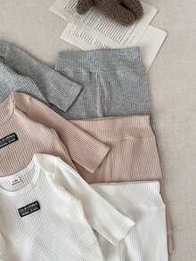 SHEIN 新生兒春秋長袖時尚簡約休閒連身衣搭配百搭休閒褲多件套裝，適合外出、露營、野餐、旅行、日常休閒、購物、公園散步 - 彩色 - 查看 5