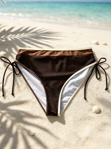 Swim Lushoire Women's Casual Brown Knitted Colorblock Bikini Bottoms With Side Drawstrings Short Length - Brown - View 3