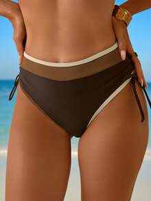 Swim Lushoire Women's Casual Brown Knitted Colorblock Bikini Bottoms With Side Drawstrings Short Length - Brown - View 1