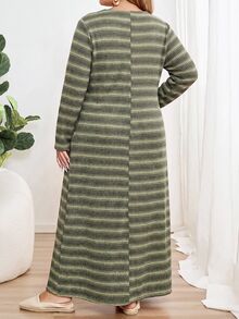 EMERY ROSE Plus Size Women's Autumn/Winter Casual Vacation Country Striped Green Long Dress With Pockets, Fall,Going Out,Warm Dress,Daily Wear ,Vintage - Multicolor - View 12