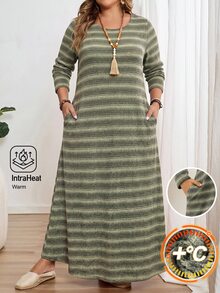 EMERY ROSE Plus Size Women's Autumn/Winter Casual Vacation Country Striped Green Long Dress With Pockets, Fall,Going Out,Warm Dress,Daily Wear ,Vintage - Multicolor - View 8