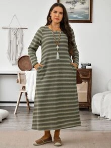 EMERY ROSE Plus Size Women's Autumn/Winter Casual Vacation Country Striped Green Long Dress With Pockets, Fall,Going Out,Warm Dress,Daily Wear ,Vintage - Multicolor - View 2