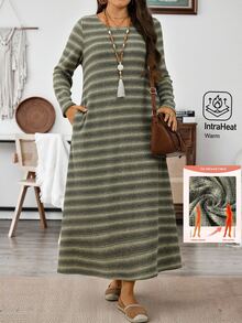 EMERY ROSE Plus Size Women's Autumn/Winter Casual Vacation Country Striped Green Long Dress With Pockets, Fall,Going Out,Warm Dress,Daily Wear ,Vintage - Multicolor - View 1