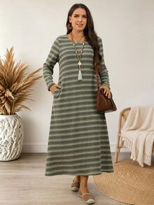 EMERY ROSE Plus Size Women's Autumn/Winter Casual Vacation Country Striped Green Long Dress With Pockets, Fall,Going Out,Warm Dress,Daily Wear ,Vintage - Multicolor - View 14