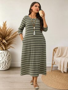 EMERY ROSE Plus Size Women's Autumn/Winter Casual Vacation Country Striped Green Long Dress With Pockets, Fall,Going Out,Warm Dress,Daily Wear ,Vintage - Multicolor - View 6