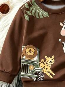 Baby Boys Spring/Autumn Dark Brown Animal & Print Crew Neck Sweatshirt And Loose Cuffed Pants 2-Piece Casual Outfit Set - Multicolor - View 4