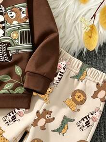 Baby Boys Spring/Autumn Dark Brown Animal & Print Crew Neck Sweatshirt And Loose Cuffed Pants 2-Piece Casual Outfit Set - Multicolor - View 5