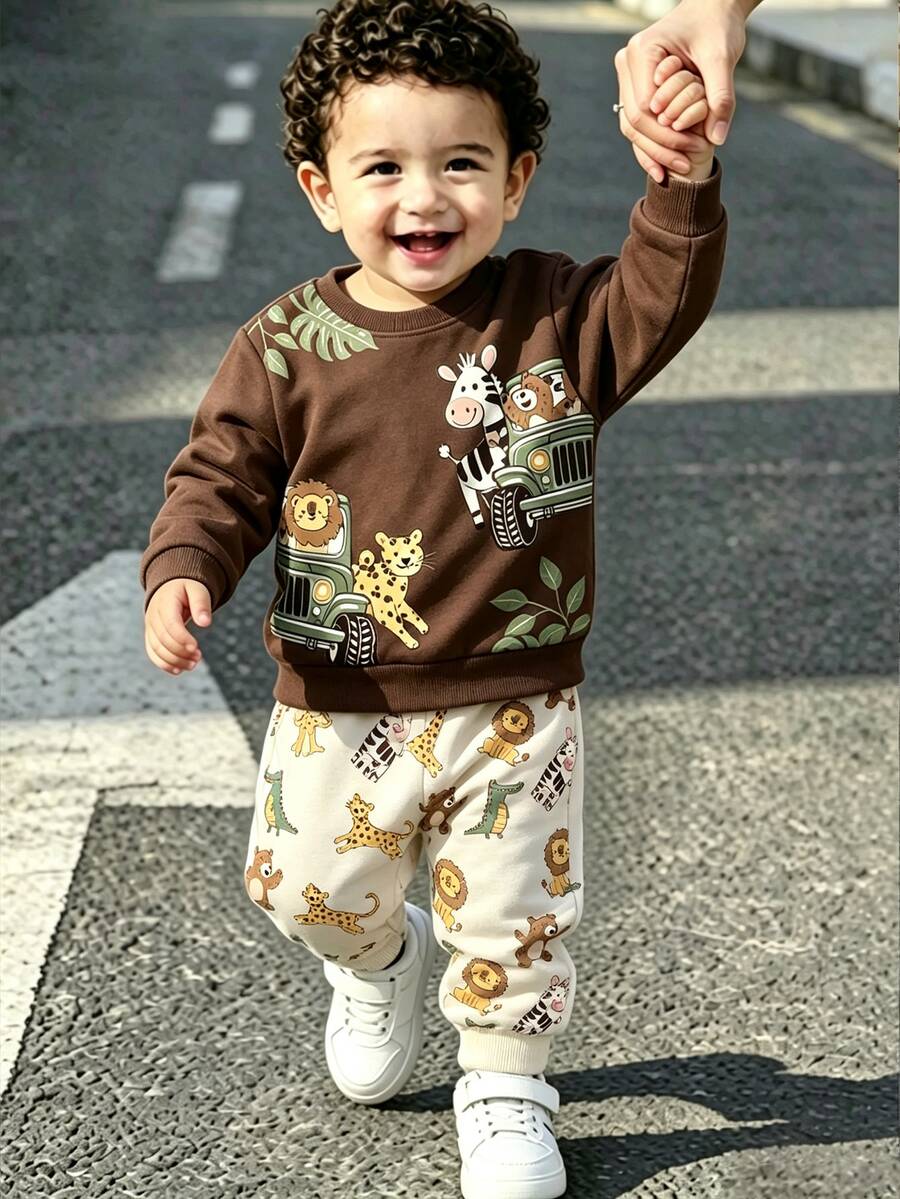Baby Boys Spring/Autumn Dark Brown Animal & Print Crew Neck Sweatshirt And Loose Cuffed Pants 2-Piece Casual Outfit Set - Multicolor - View 1