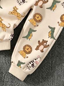 Baby Boys Spring/Autumn Dark Brown Animal & Print Crew Neck Sweatshirt And Loose Cuffed Pants 2-Piece Casual Outfit Set - Multicolor - View 3