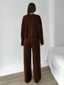 EURMUSE Casual Ribbed Knit Two Pieces Set – High Neck Pullover & Wide Leg Pants Loungewear - Mocha Brown - View 2