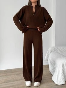 EURMUSE Casual Ribbed Knit Two Pieces Set – High Neck Pullover & Wide Leg Pants Loungewear - Mocha Brown - View 3