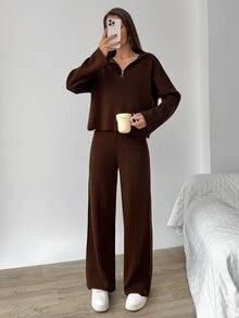 EURMUSE Casual Ribbed Knit Two Pieces Set – High Neck Pullover & Wide Leg Pants Loungewear - Mocha Brown - View 4