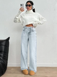 SHEIN Women High Waist Light Wash Casual Wide Leg Jeans - Light Wash - View 7