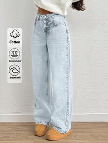 SHEIN Women High Waist Light Wash Casual Wide Leg Jeans - Light Wash - View 1