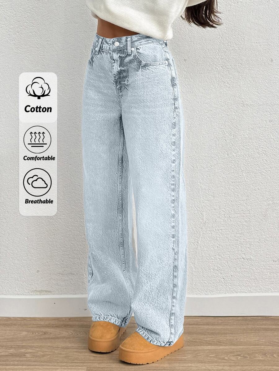 SHEIN Women High Waist Light Wash Casual Wide Leg Jeans - Light Wash - View 1