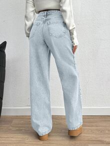 SHEIN Women High Waist Light Wash Casual Wide Leg Jeans - Light Wash - View 2