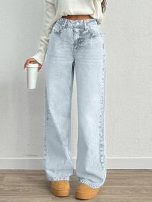 SHEIN Women High Waist Light Wash Casual Wide Leg Jeans - Light Wash - View 6