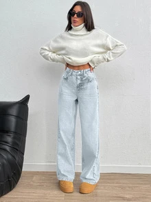SHEIN Women High Waist Light Wash Casual Wide Leg Jeans - Light Wash - View 3