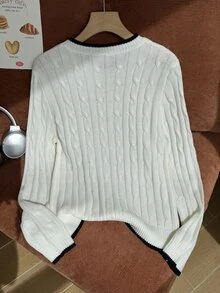 SHEIN 1件女款套頭毛衣，經典麻花編織紋理，時尚圓領長袖適中厚度針織套頭衫，臘腸狗刺繡圖案設計，舒適修身，單穿好看，春秋必備，適合日常穿著、上學、外出、聚會，適合秋冬 - 白色 - 查看 2