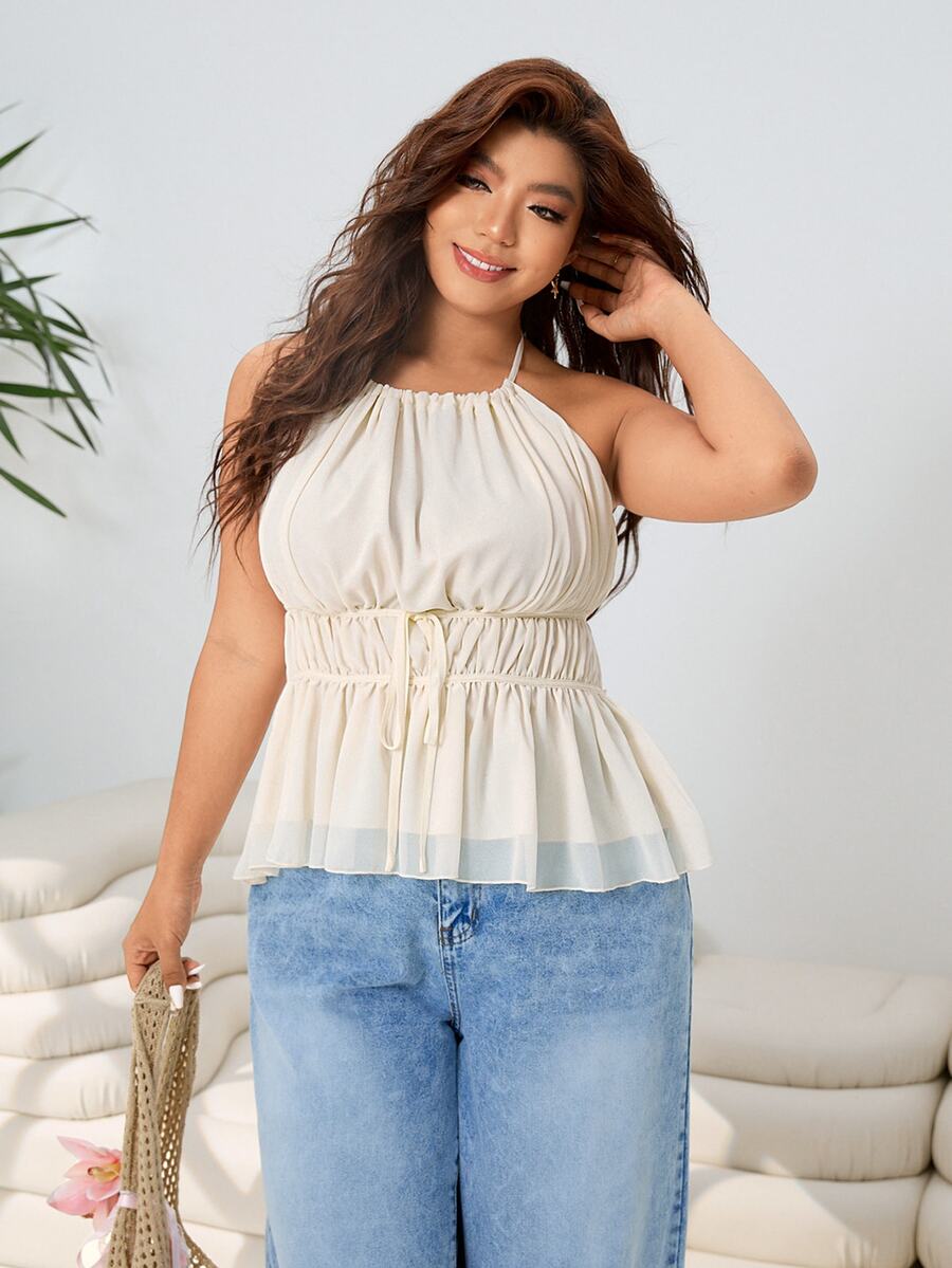 Solflare Plus Size Women Solid Color Pleated Halter Tie Neck Fashionable Versatile Casual Top - Apricot - View 1