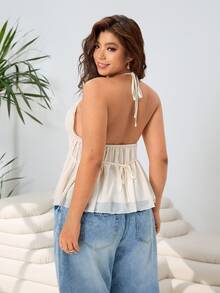 Solflare Plus Size Women Solid Color Pleated Halter Tie Neck Fashionable Versatile Casual Top - Apricot - View 2