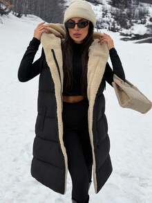 SHEIN جاكيت كلاسي اللون قابلة للعكس مبطنة بسحاب وجيوب أمامية وغطاء رأس برباط شد - الأسود - مشاهدة 5