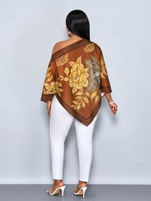 SOLERSUN Damen Große Größen Lässig Elegant Bluse mit Blumenmuster, asymmetrischem Ausschnitt, langen Ärmeln, asymmetrischem Saum, schräger Schulter, Schlitzärmeln, lockerem Schnitt, modischem Stil, Vintage Sonnenuntergang Urlaubsprint, Fledermausärmeln, Neuankömmling, vielseitig für tägliches Pendeln, Ausgehen, stillen Luxus Urlaub, lässige Bluse für Damen, Urlaub - Braun - Übersicht 4