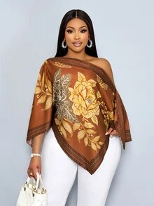 SOLERSUN Damen Große Größen Lässig Elegant Bluse mit Blumenmuster, asymmetrischem Ausschnitt, langen Ärmeln, asymmetrischem Saum, schräger Schulter, Schlitzärmeln, lockerem Schnitt, modischem Stil, Vintage Sonnenuntergang Urlaubsprint, Fledermausärmeln, Neuankömmling, vielseitig für tägliches Pendeln, Ausgehen, stillen Luxus Urlaub, lässige Bluse für Damen, Urlaub - Braun - Übersicht 2