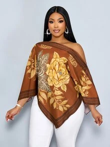 SOLERSUN Damen Große Größen Lässig Elegant Bluse mit Blumenmuster, asymmetrischem Ausschnitt, langen Ärmeln, asymmetrischem Saum, schräger Schulter, Schlitzärmeln, lockerem Schnitt, modischem Stil, Vintage Sonnenuntergang Urlaubsprint, Fledermausärmeln, Neuankömmling, vielseitig für tägliches Pendeln, Ausgehen, stillen Luxus Urlaub, lässige Bluse für Damen, Urlaub - Braun - Übersicht 6