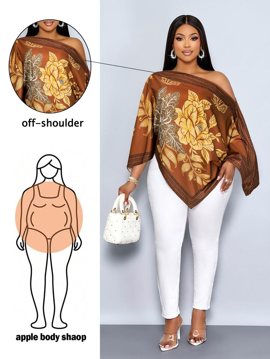 SOLERSUN Damen Große Größen Lässig Elegant Bluse mit Blumenmuster, asymmetrischem Ausschnitt, langen Ärmeln, asymmetrischem Saum, schräger Schulter, Schlitzärmeln, lockerem Schnitt, modischem Stil, Vintage Sonnenuntergang Urlaubsprint, Fledermausärmeln, Neuankömmling, vielseitig für tägliches Pendeln, Ausgehen, stillen Luxus Urlaub, lässige Bluse für Damen, Urlaub - Braun - Übersicht 1