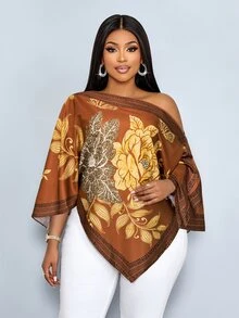 SOLERSUN Damen Große Größen Lässig Elegant Bluse mit Blumenmuster, asymmetrischem Ausschnitt, langen Ärmeln, asymmetrischem Saum, schräger Schulter, Schlitzärmeln, lockerem Schnitt, modischem Stil, Vintage Sonnenuntergang Urlaubsprint, Fledermausärmeln, Neuankömmling, vielseitig für tägliches Pendeln, Ausgehen, stillen Luxus Urlaub, lässige Bluse für Damen, Urlaub - Braun - Übersicht 5