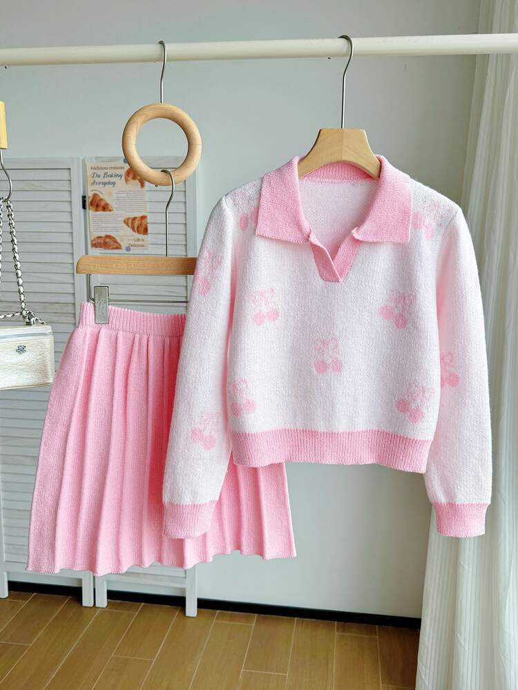 SHEIN Set Rajut Anak Perempuan, Sweater Jacquard Motif Ceri Elegan Warna Pink + Rok Mini Rajut 2 Potong, Pullover Lengan Panjang Leher V untuk Remaja Perempuan, Gaya Kasual Elegan untuk Musim Gugur/Dingin - Berwarna merah muda - View 6