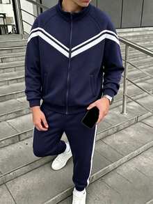 返校季 13-16 歲青少年男孩海軍藍雙 V 條紋全開襟立領夾克搭配側條紋慢跑褲套裝，保暖抓絨內裡運動休閒套裝，適合春秋季校園與戶外活動 - 藏蓝色 - 查看 5