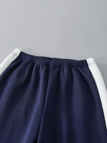 返校季 13-16 歲青少年男孩海軍藍雙 V 條紋全開襟立領夾克搭配側條紋慢跑褲套裝，保暖抓絨內裡運動休閒套裝，適合春秋季校園與戶外活動 - 藏蓝色 - 查看 6