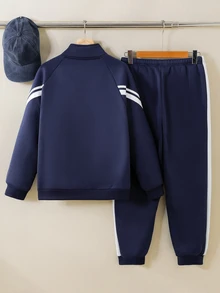 返校季 13-16 歲青少年男孩海軍藍雙 V 條紋全開襟立領夾克搭配側條紋慢跑褲套裝，保暖抓絨內裡運動休閒套裝，適合春秋季校園與戶外活動 - 藏蓝色 - 查看 3