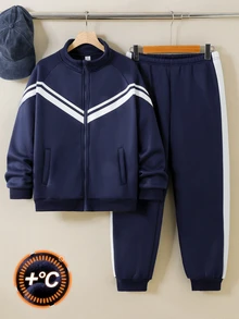 返校季 13-16 歲青少年男孩海軍藍雙 V 條紋全開襟立領夾克搭配側條紋慢跑褲套裝，保暖抓絨內裡運動休閒套裝，適合春秋季校園與戶外活動 - 藏蓝色 - 查看 4