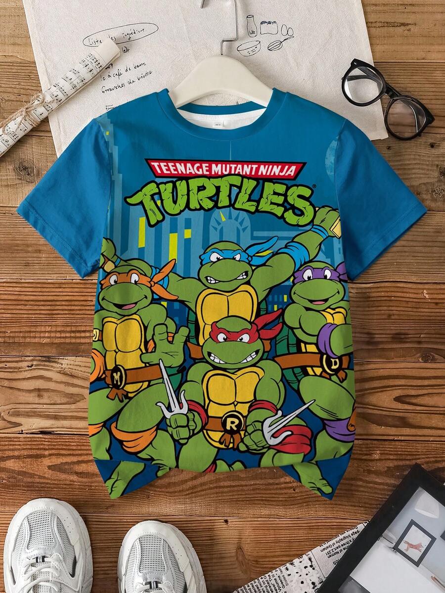 TEENAGE MUTANT NINJA TURTLES | SHEIN تي شيرت بأكمام قصيرة مطبوع عليه حروف ورسوم كرتونية للأولاد المراهقين - أبيض - مشاهدة 1