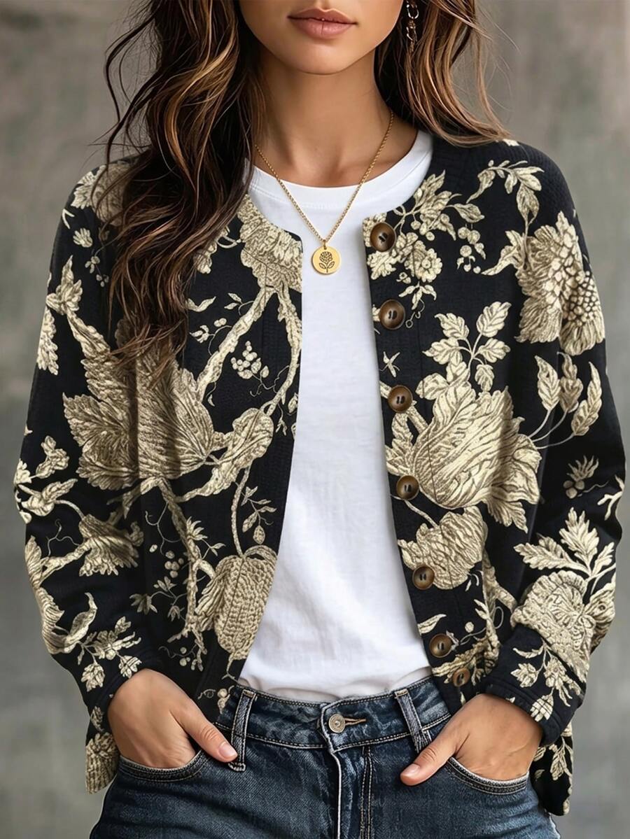 Zayélia Women's Floral Print Long Sleeve Single-Breasted Casual Regular Fit Jacket - Multicolor - View 1