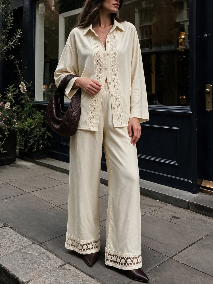 Rue Lumi Women's Cream Crochet Hollow Panel Lapel Shirt, Loose Open Front Long Sleeve Casual Outerwear For Early Autumn Daily Outing Resort Leisure Office - Apricot - View 7