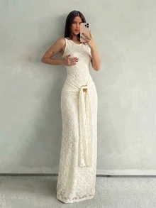 Aloruh Women's Spring/Summer Wedding White Sleeveless Bodycon Mermaid Dress, Suitable For Streetwear Elegant Sexy Daily Wear Commuting Party Dinner Formal - Apricot - View 3